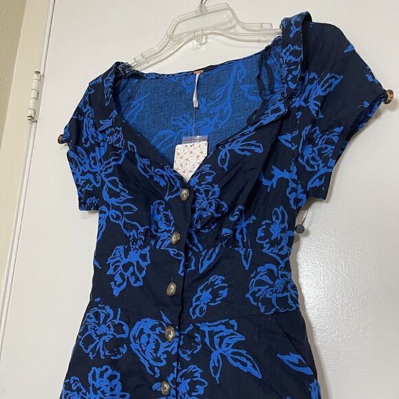 NEW! Free People A thing called love button front blue floral tie back dress - Picture 3 of 8